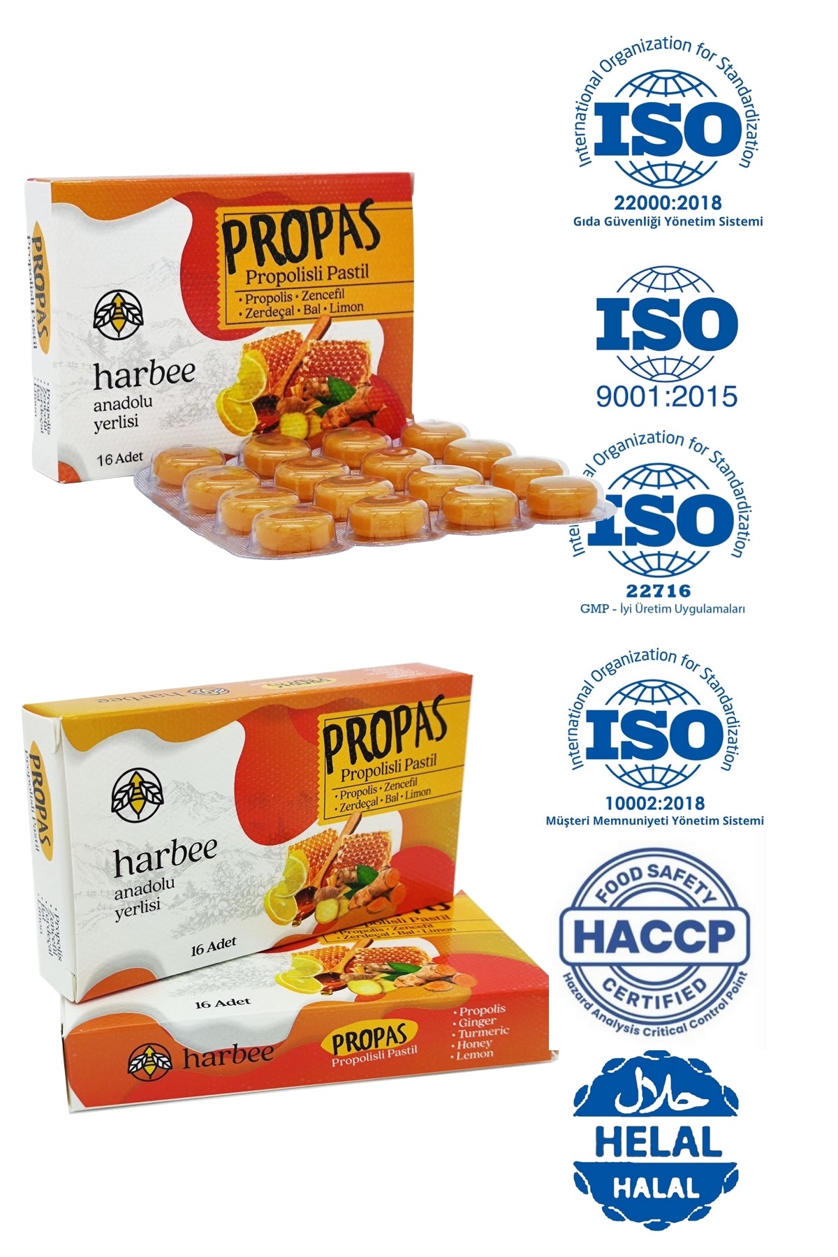 Harbee Propas Propolis Zencefil Bal Limon Zerdeçal Takviyeli Pastil - 16'lı Paket Bitkisel Destekli