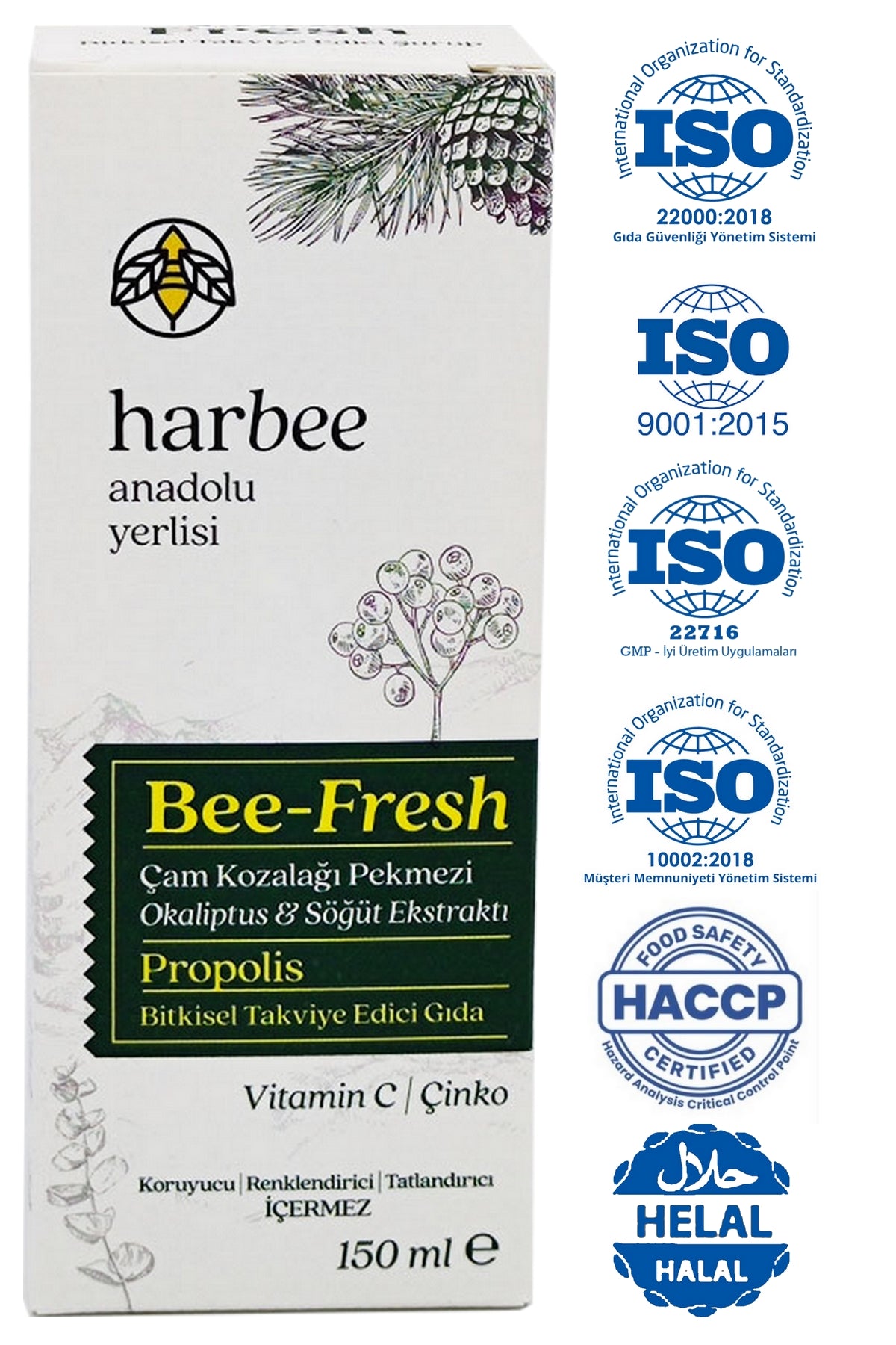 Harbee Bee-Fresh Bitkisel Takviye Edici Gıda -Propolis, Kara Mürver, C Vitamini ve Çinko 150 ml