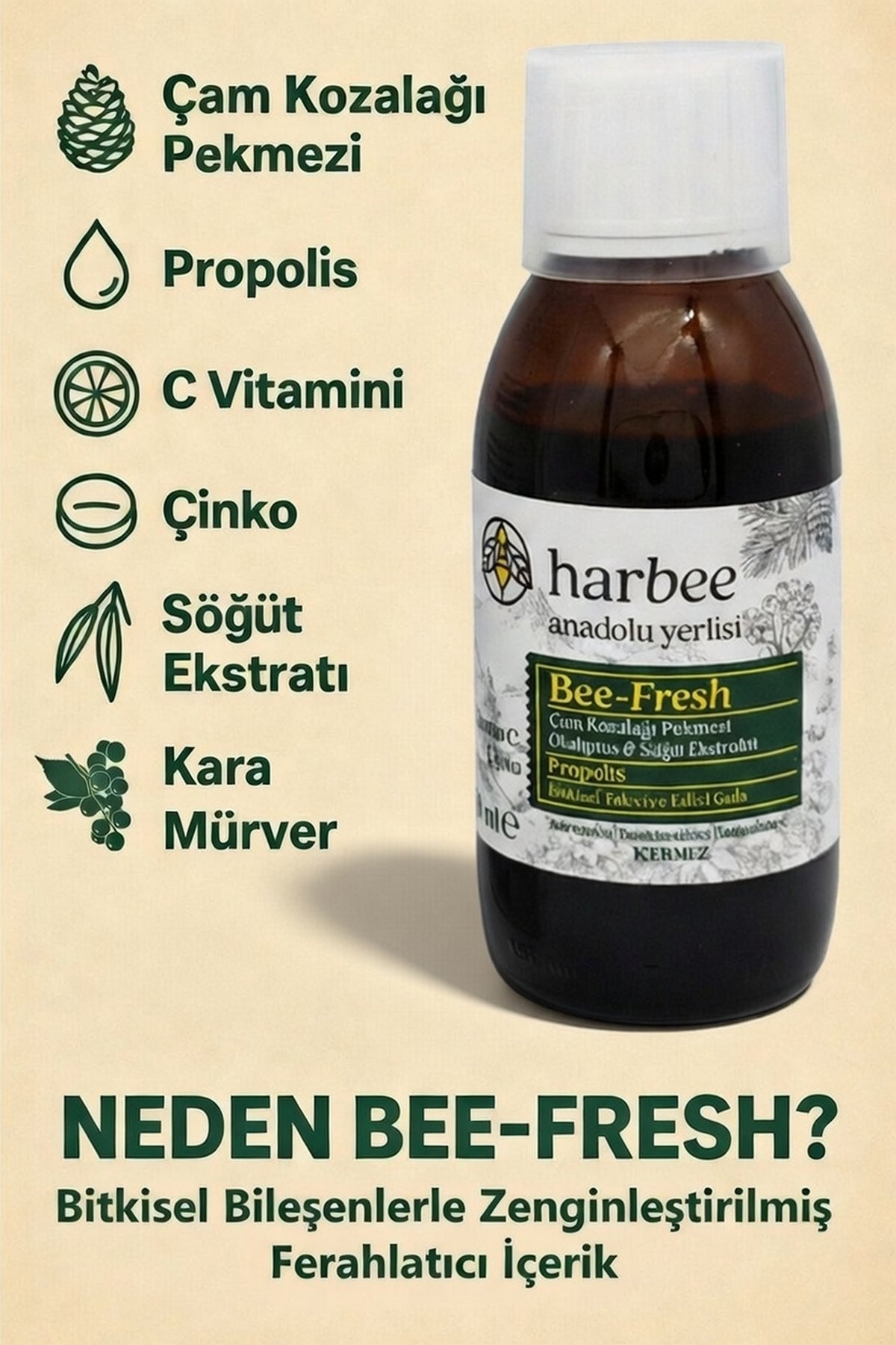 Harbee Bee-Fresh Bitkisel Takviye Edici Gıda -Propolis, Kara Mürver, C Vitamini ve Çinko 150 ml