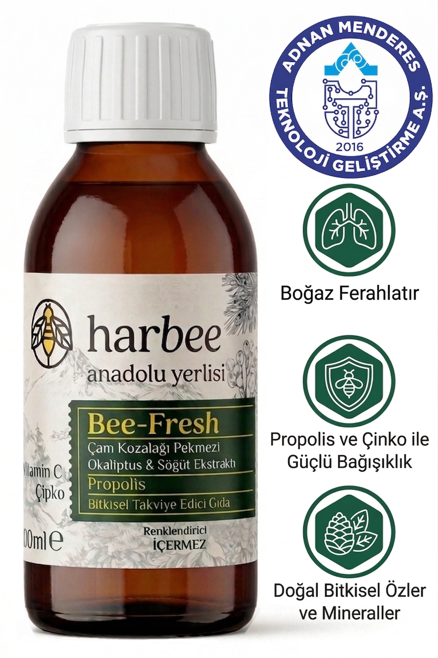 Harbee Bee-Fresh Bitkisel Takviye Edici Gıda -Propolis, Kara Mürver, C Vitamini ve Çinko 150 ml