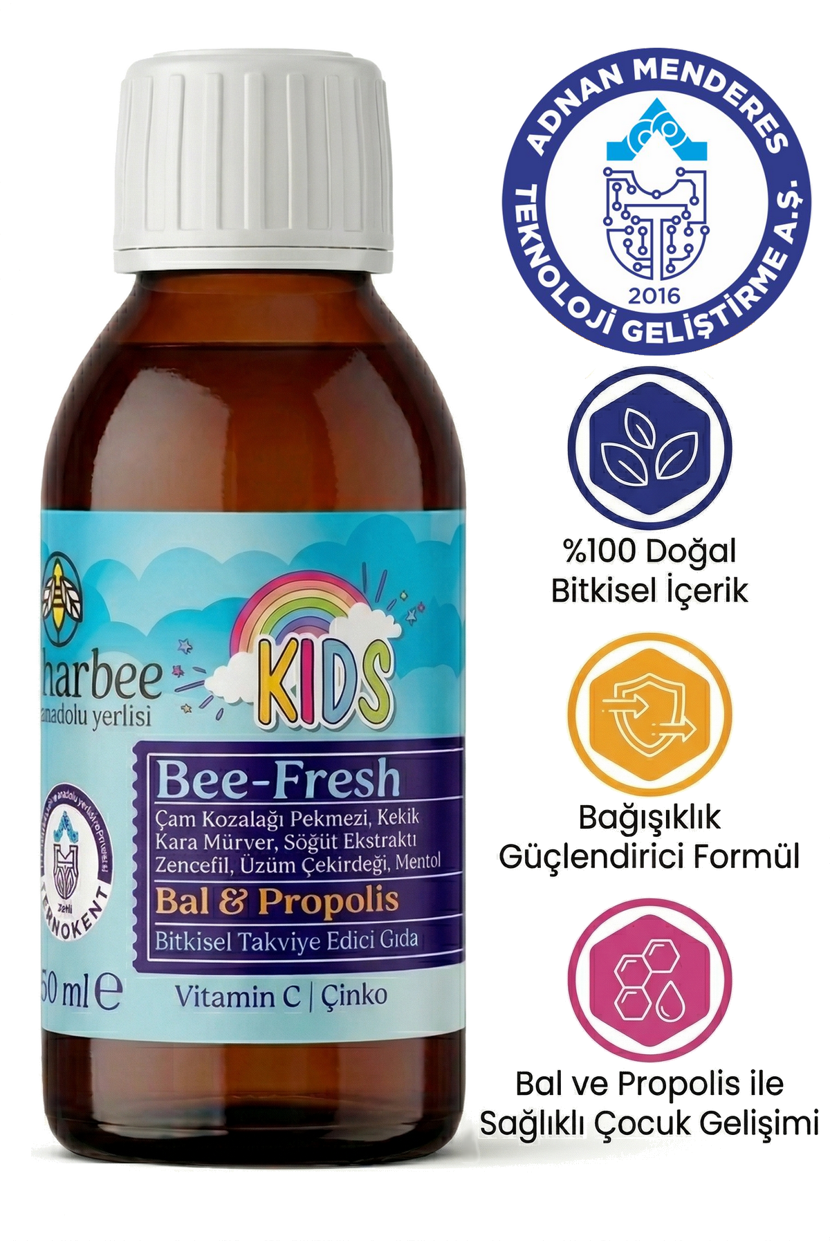 Harbee Bee-Fresh Kids Çocuklar İçin Propolisli Şurup - Bal, Kara Mürver, C Vitamini & Çinko 150 ml