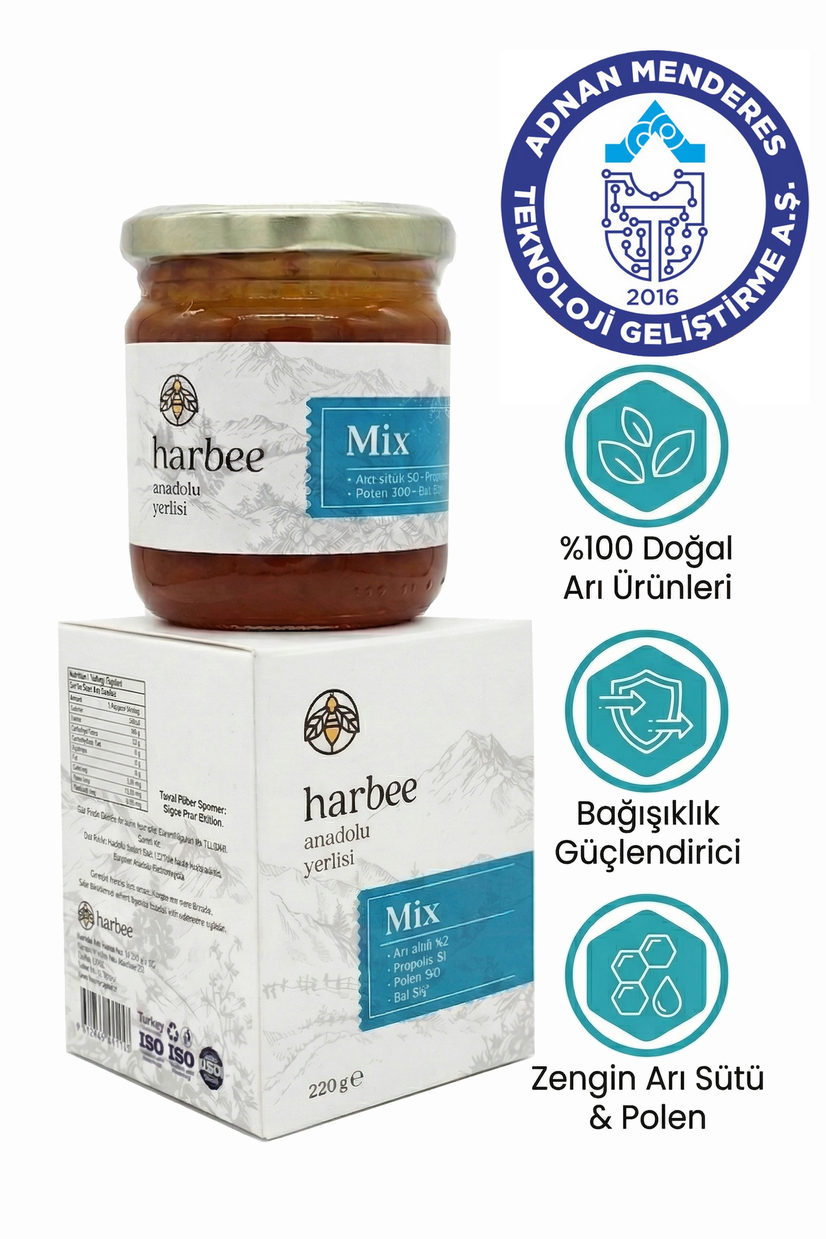 Harbee Mix %100 Doğal Karışım - Bal, Propolis, Arı Sütü ve Polen İçeren Güçlü Formül 220 gr