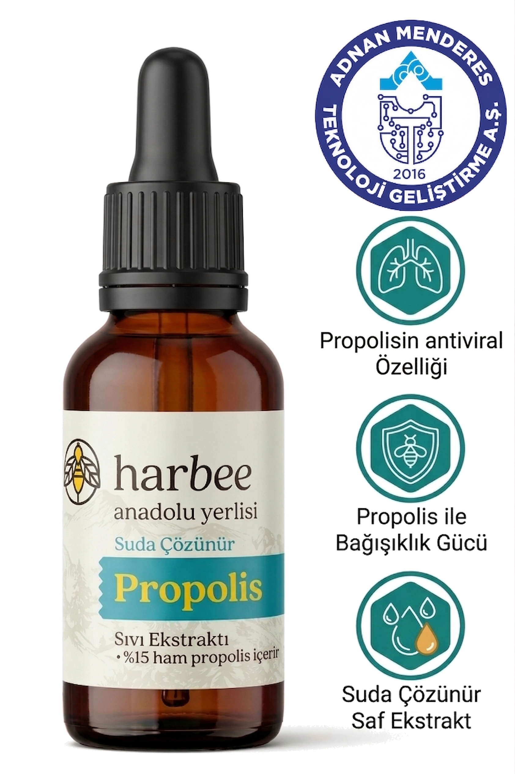 Harbee Su Bazlı Propolis Damla - %15 Saf Ham Propolis İçeren Doğal Gıda - Bağışıklık Desteği 20 ml