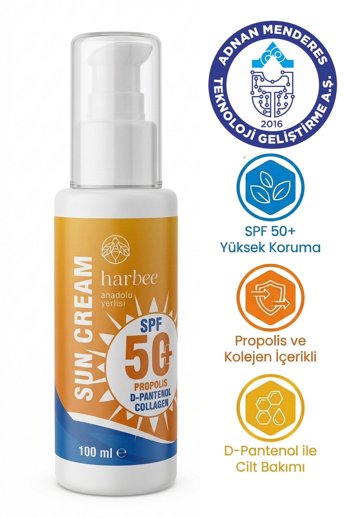 Harbee Sun Cream - Doğal Propolis Katkılı SPF50+ Güneş Koruyucu Krem - Yüz ve Vücut İçin 100 ml