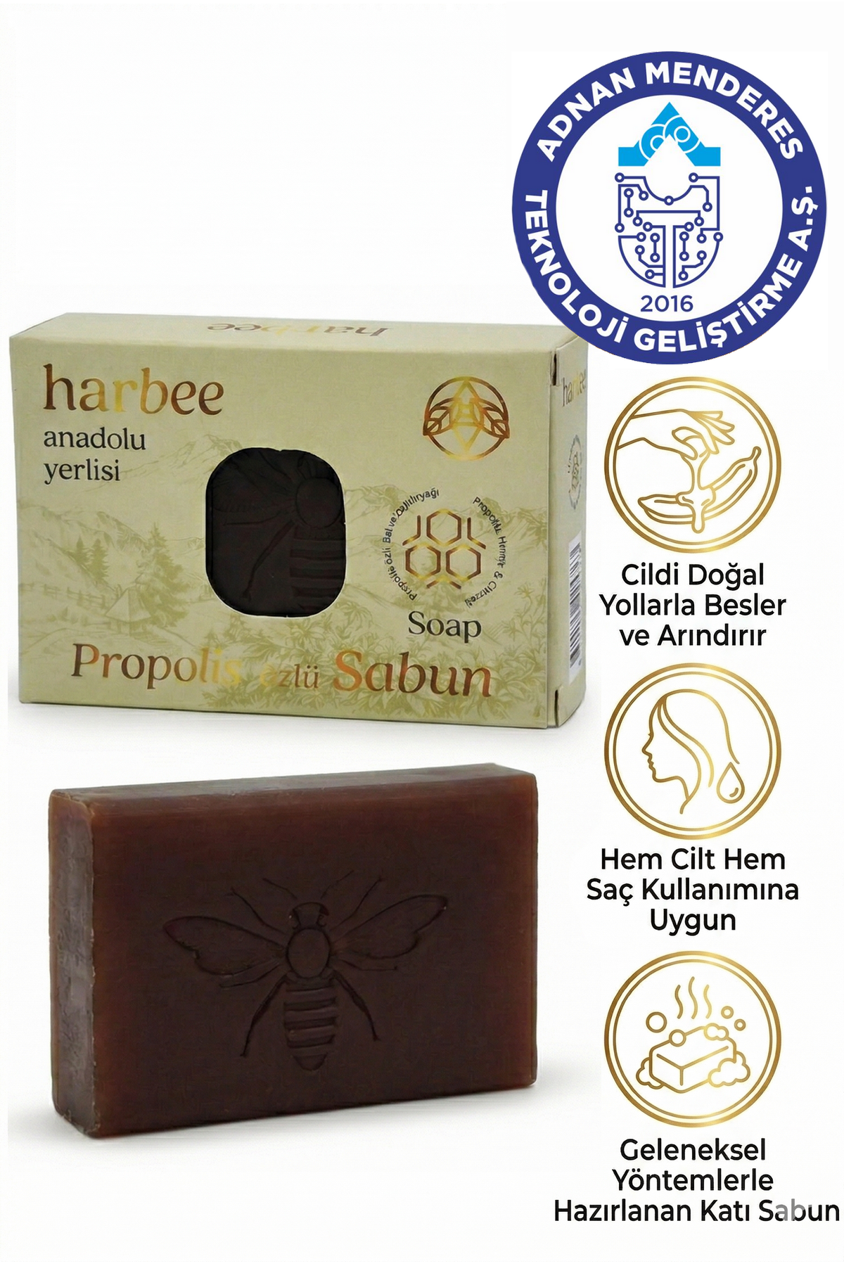 Harbee Propolis Özlü Doğal Sabun - Gözenek Sıkılaştırıcı Onarıcı El Yüz ve Cilt Bakımı Saf 100 gr
